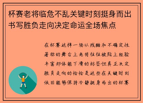 杯赛老将临危不乱关键时刻挺身而出书写胜负走向决定命运全场焦点